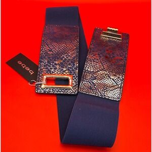Bebe Y2K Exotic Turnlock Stretch Belt Blue Gold Snakeskin Embossed M/L NEW